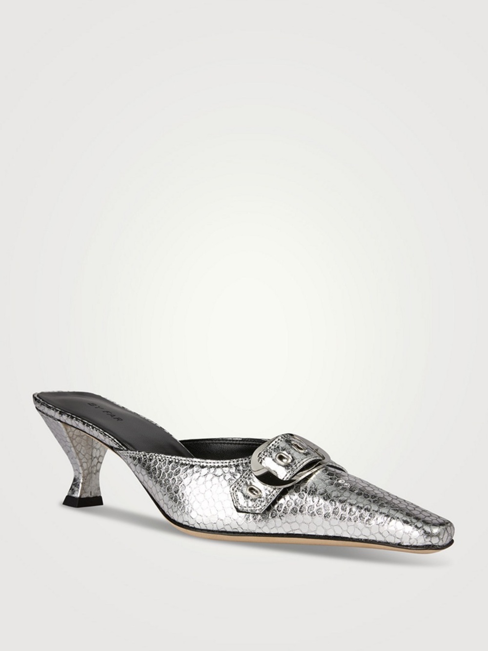 BY FAR 39 Evelyn Metallic Silver Pointed-Toe Mule Heels with Buckle - Picture 2 of 13
